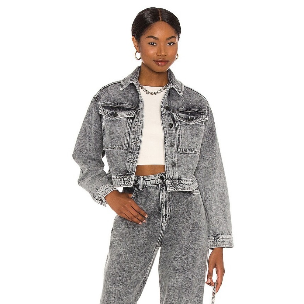ALLSAINTS Womens Lennon Cropped Denim Jacket in‎ Snow Wash Grey Size US 6